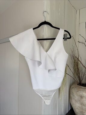 Marciano White One-Shoulder Ruffle Bodysuit